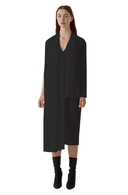 Zero-waste black viscose jersey draped dress, sustainable avant-garde luxury made-to-order in UK