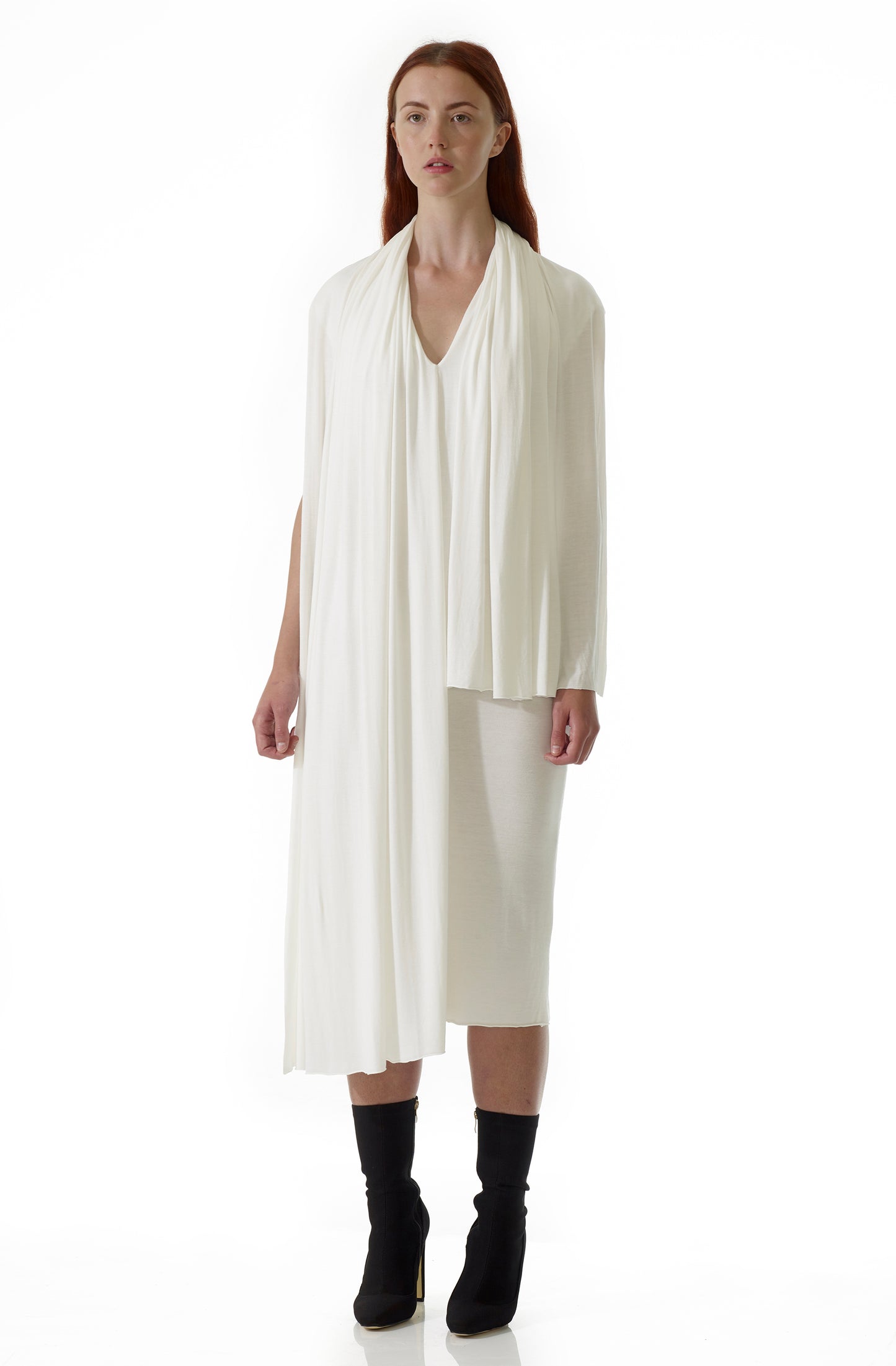 Zero-waste draped dress with sculptural silhouette, sustainable viscose jersey luxury made-to-order in UK