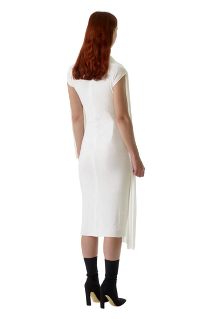 Zero-waste ivory viscose jersey dress with draped front, sustainable luxury made-to-order in UK