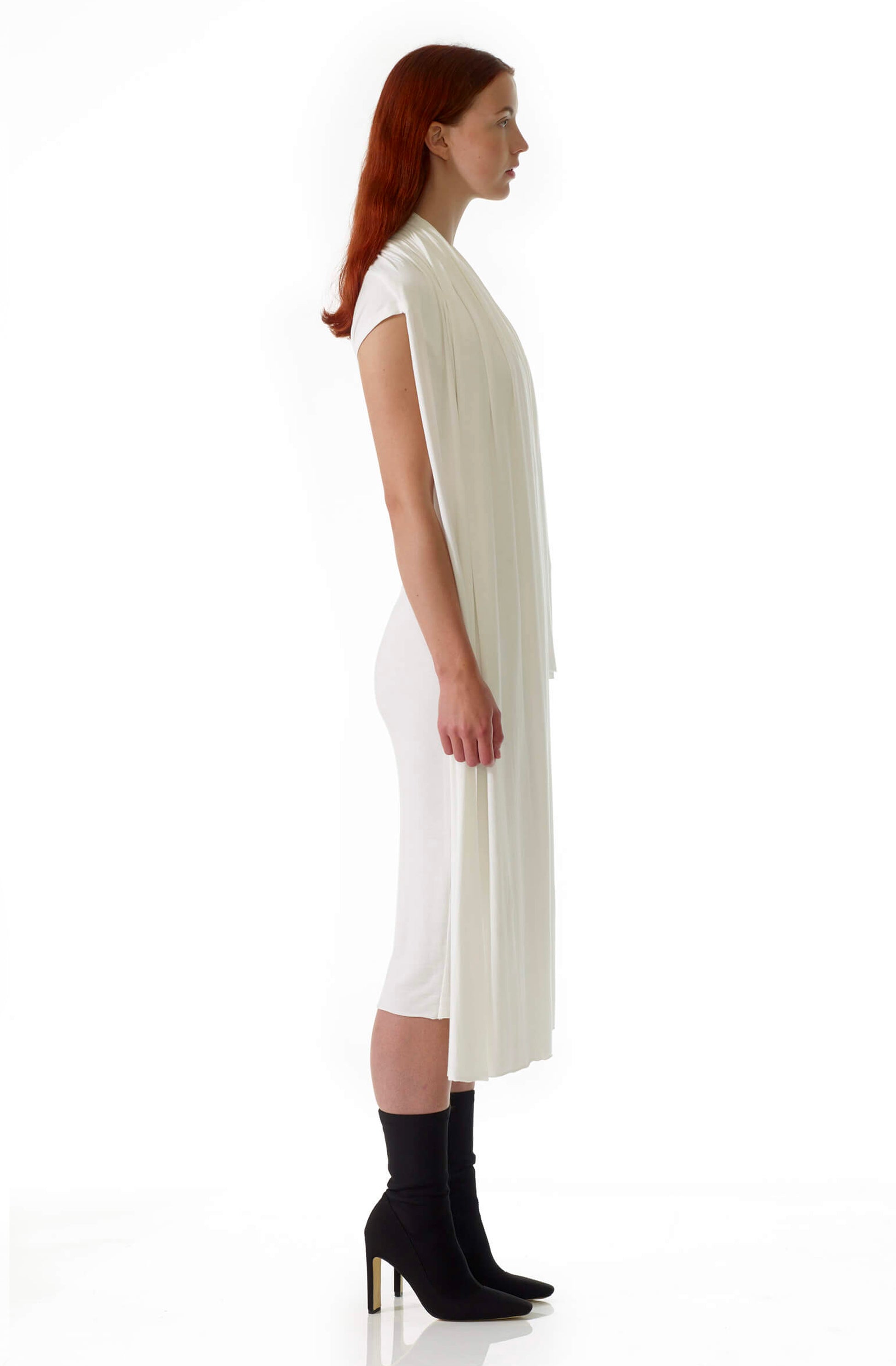 Zero-waste draped dress with elegant draping, sustainable viscose jersey luxury made-to-order in UK