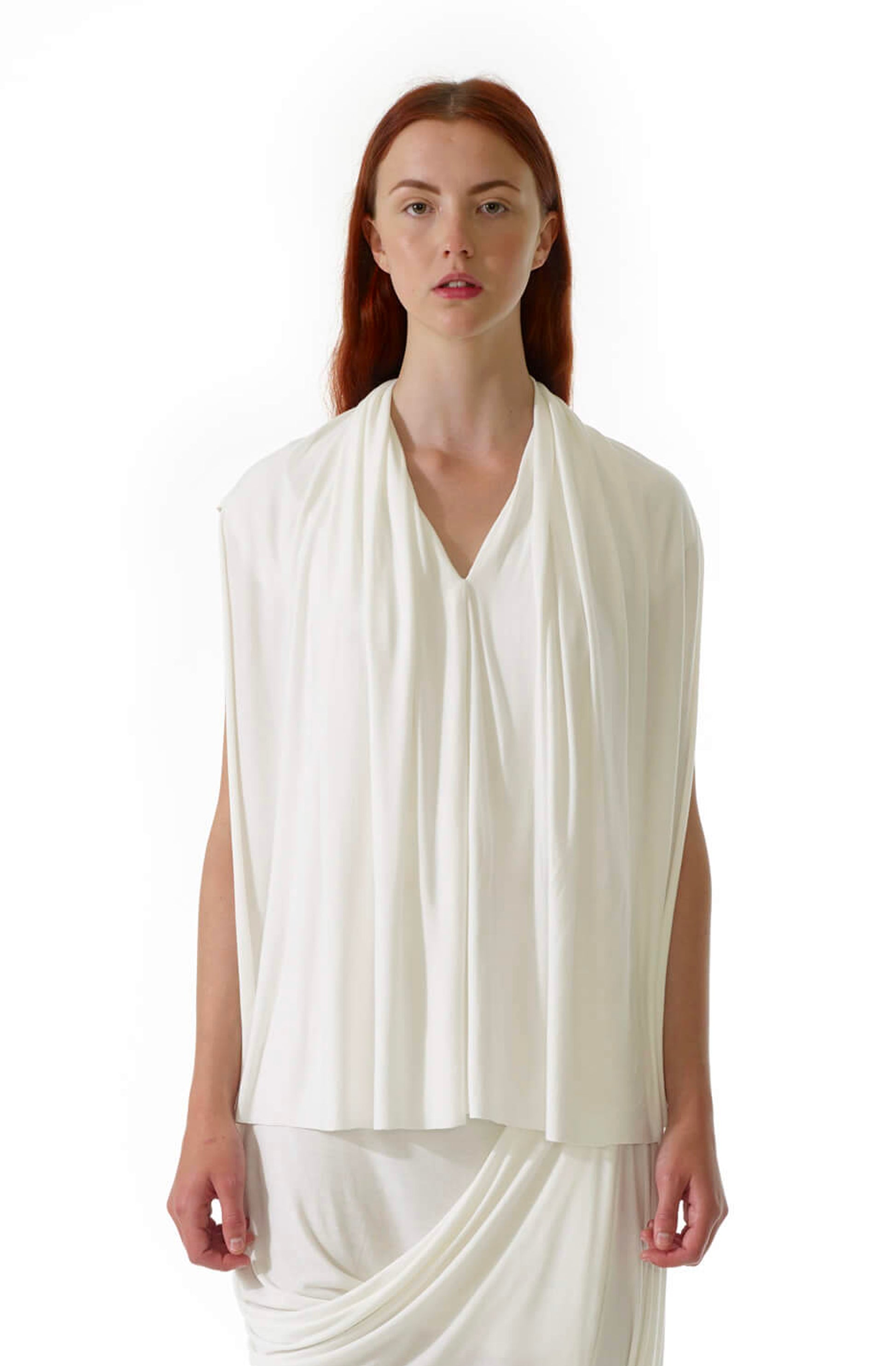 Curtain top ivory with sculptural draping, zero-waste viscose jersey sustainable luxury UK