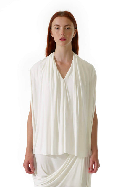 Curtain top ivory with sculptural draping, zero-waste viscose jersey sustainable luxury UK