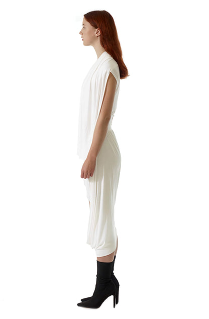 Ivory curtain top with flowing drapes styled with skirt, sustainable viscose jersey luxury UK