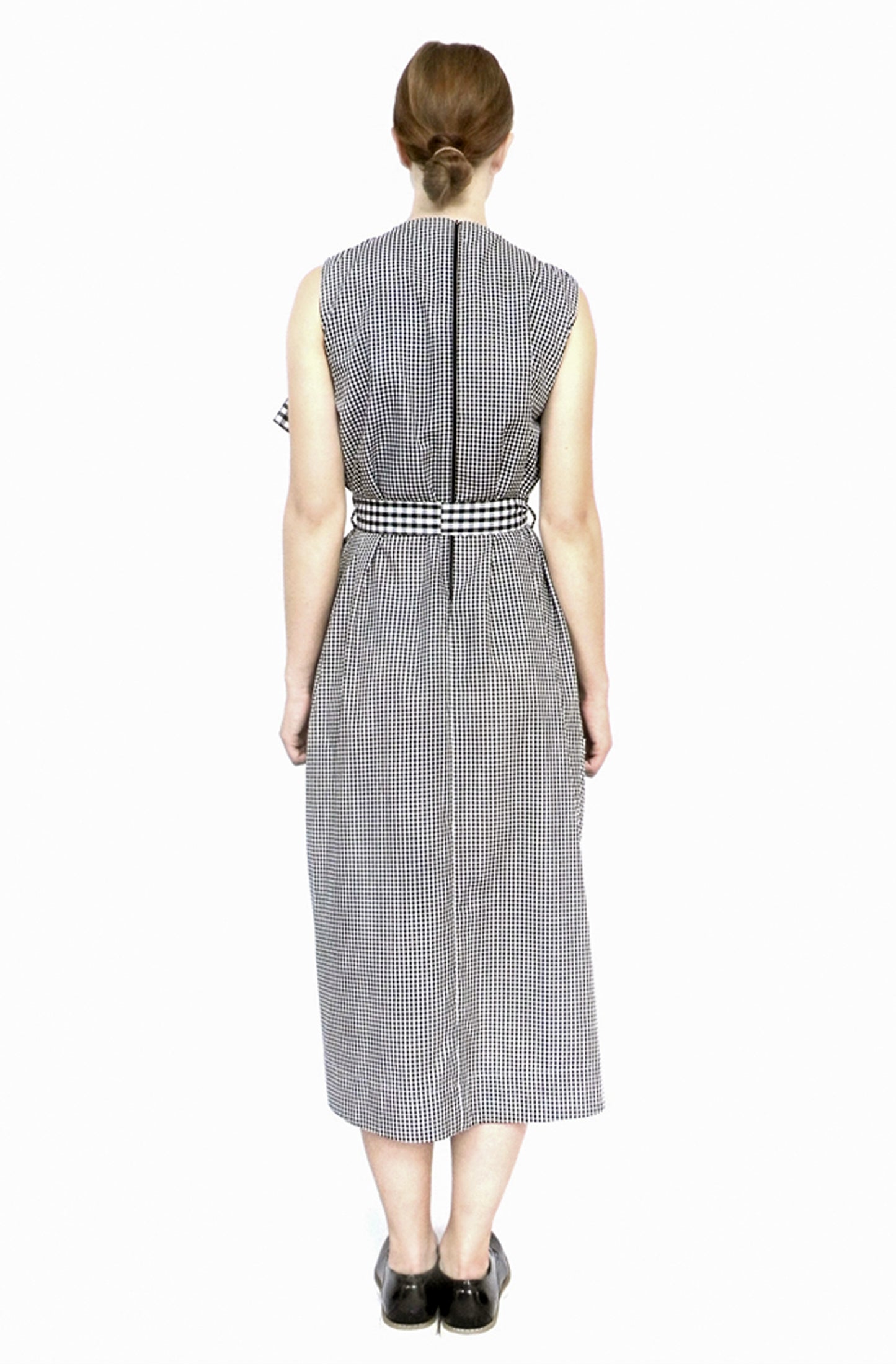 Dress for life back view gingham cotton, zero-waste sustainable luxury UK