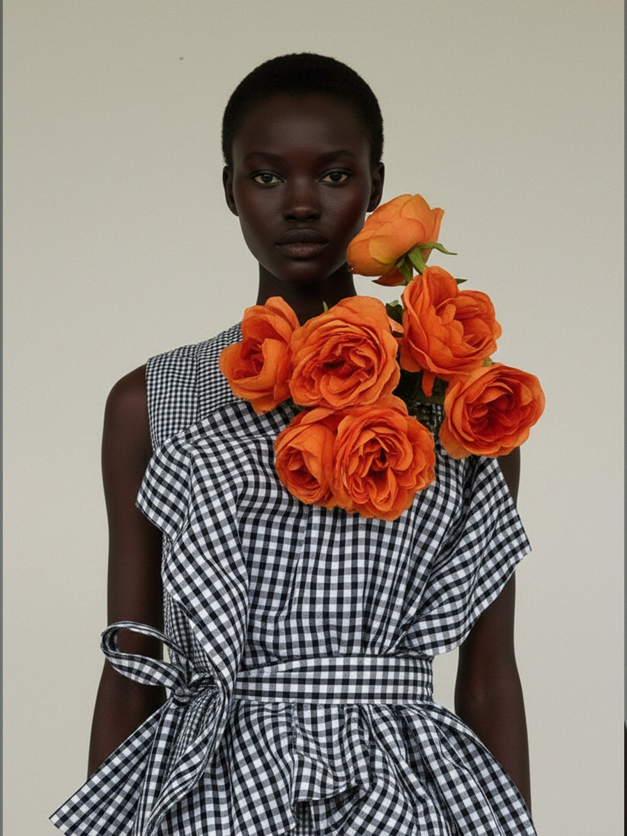 A model wearing a black and white gingham dress for life holding a large bouquet of bright orange roses telling the story of luxury slow fashion.