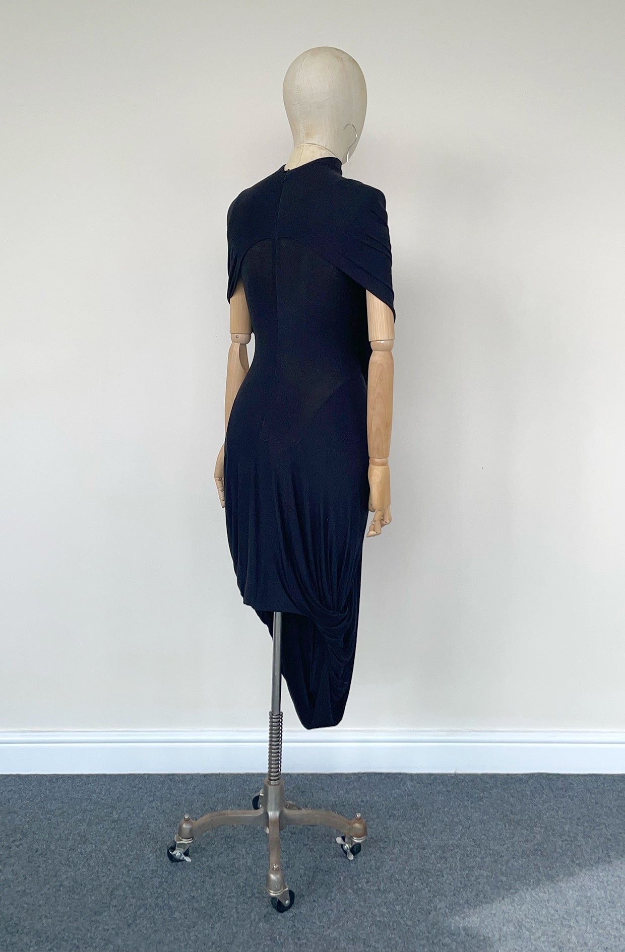 Echelon Dress in black viscose jersey back view by Cunnington & Sanderson