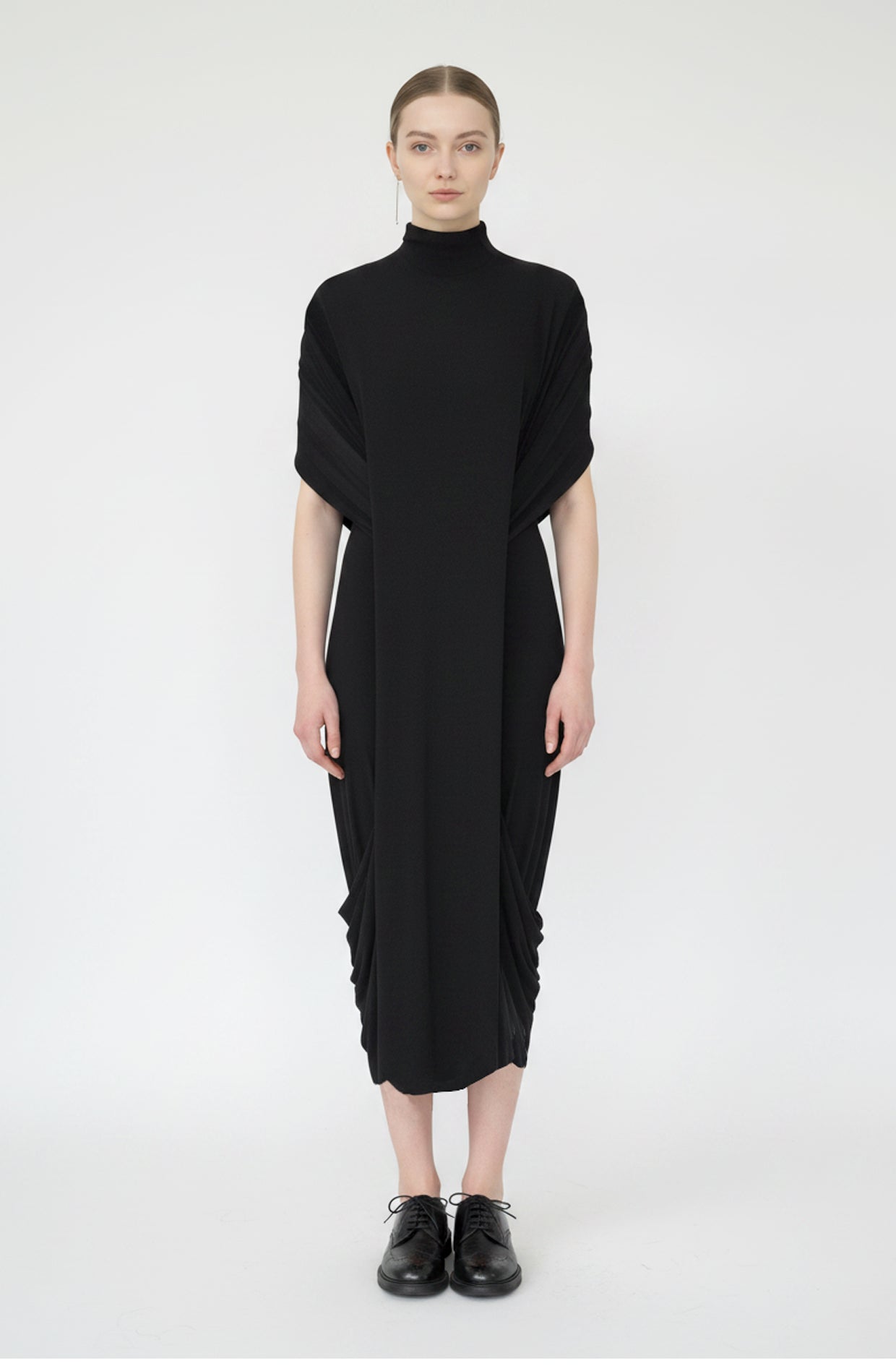 Zero waste black viscose jersey echelon dress made in Uk by Cunnington & Sanderson