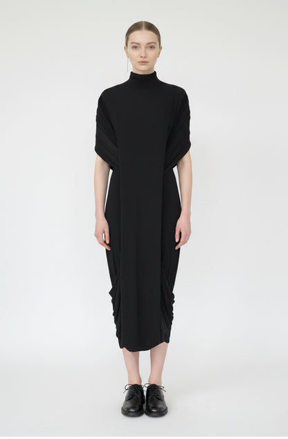 Zero waste black viscose jersey echelon dress made in Uk by Cunnington & Sanderson
