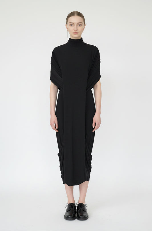 Zero waste black viscose jersey echelon dress made in Uk by Cunnington & Sanderson