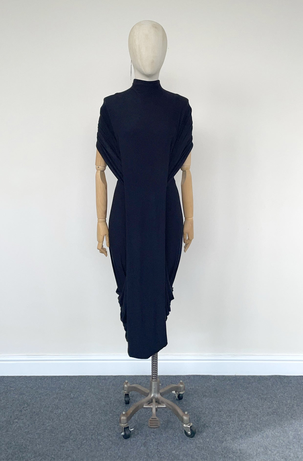 Echelon Dress in black viscose jersey front view by Cunnington & Sanderson