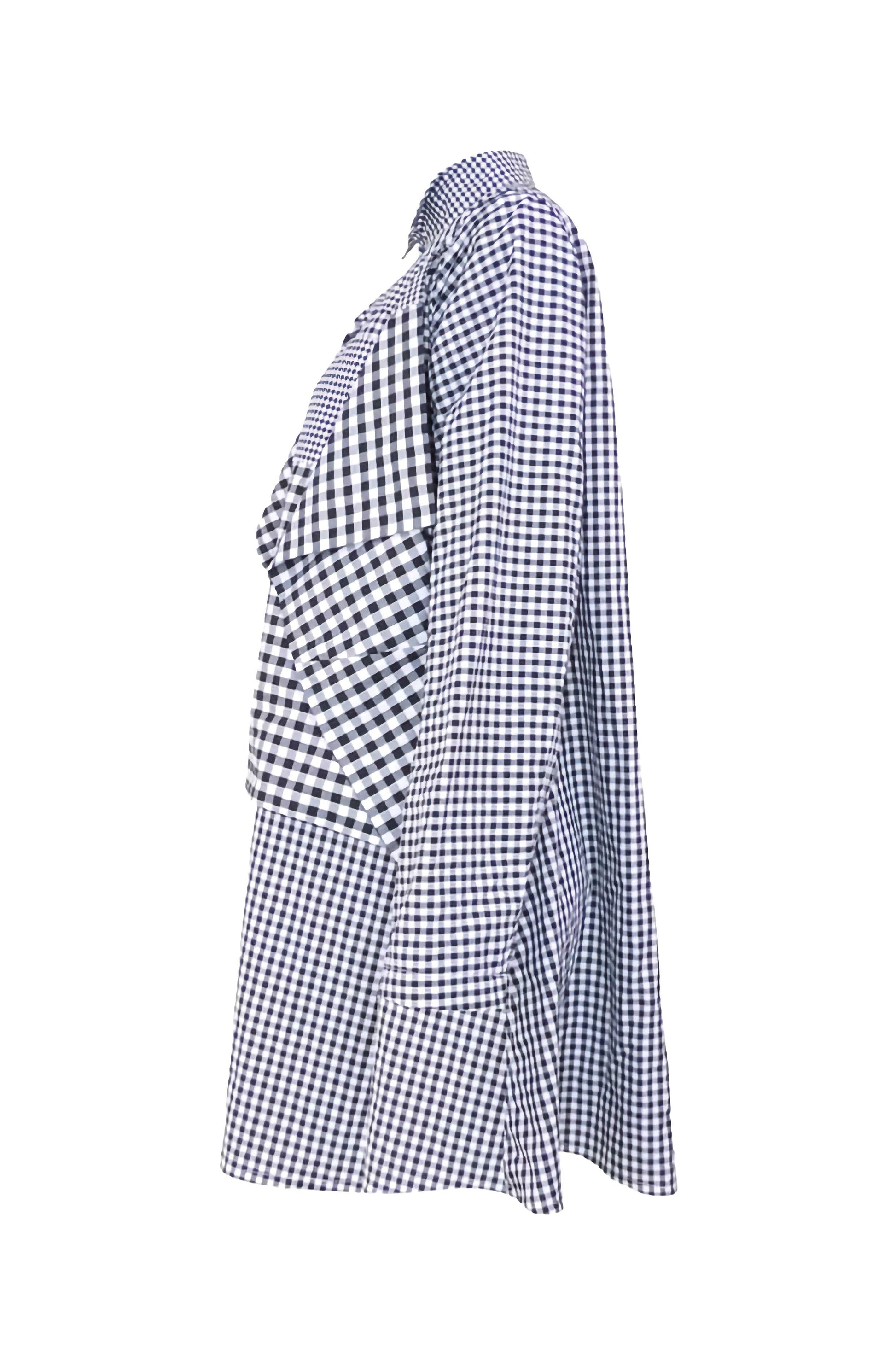 Side view of shirt for life in black and white check cotton slow timeless clothing at its best.