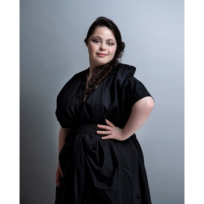 Ellie Golstein wearing the zero-waste rosette dress by Cunnington & Sanderson for Zebedee Model Management