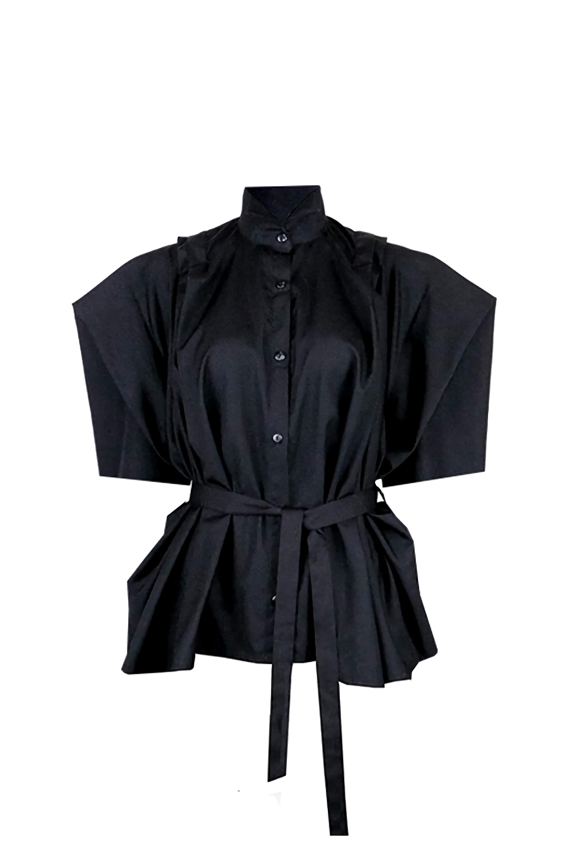 Black farmer's shirt with short kimono sleeves and a tailored fitted back 