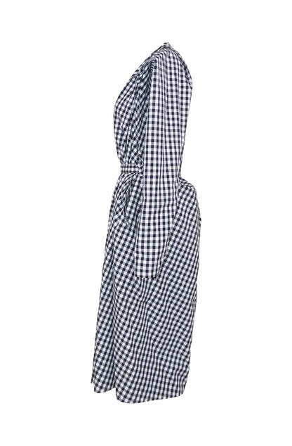 Sustainable farmers shirt dress with sculptural silhouette and seamless construction, zero-waste cotton made in UK