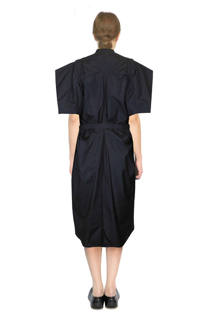 Farmers dress black tailored back sculptural, zero-waste sustainable cotton UK