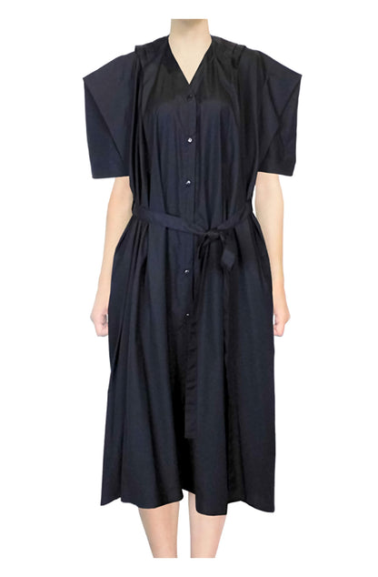 Farmers dress black cotton loose drape front, zero-waste sustainable luxury UK