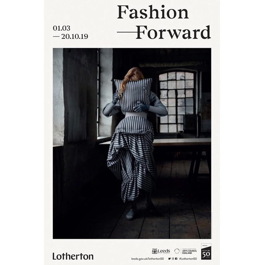 Poster for 'Fashion Forward' exhibition at Lotherton featuring Cunnington & Sanderson pillow dress at Lotherton Museum.