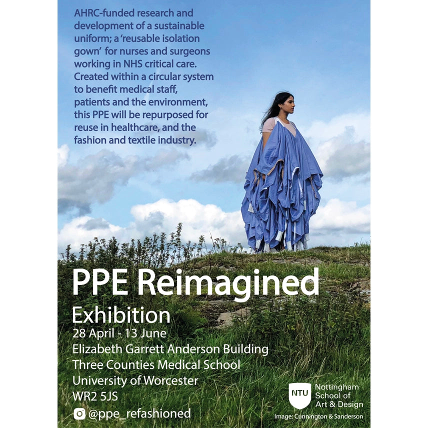 Promotional poster for PPE Reimagined Exhibition with a person in a high fashion gown of care made from recycled medical gowns by Cunnington & Sanderson against a sky and cloud background.