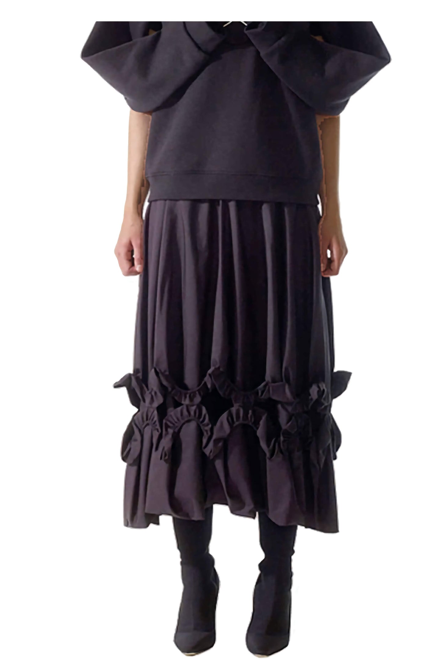 Cunnington & Sanderson's black artisan draped skirt with voluminous gathered frill and hollow layers