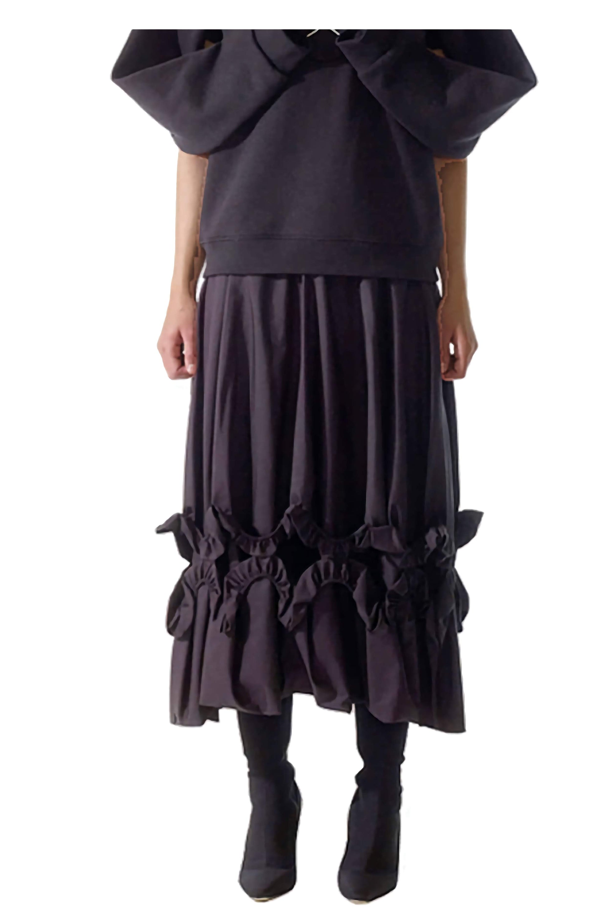 Cunnington & Sanderson's black artisan draped skirt with voluminous gathered frill and hollow layers