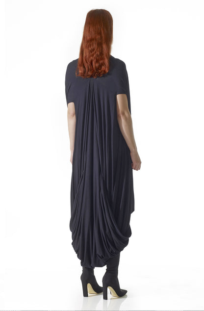 Hail Mary dress black draped contemporary silhouette, sustainable luxury UK