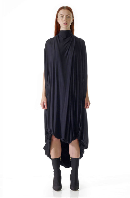 Hail Mary dress black draped viscose jersey, zero-waste sustainable luxury UK