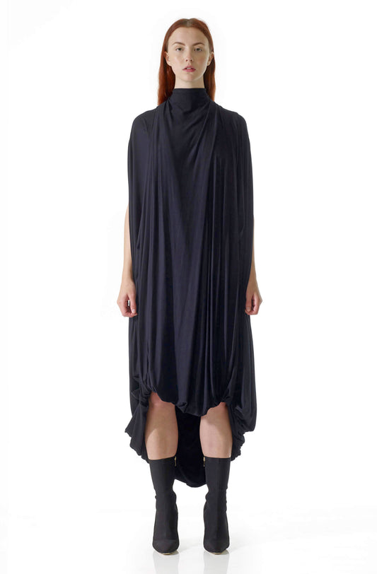 Hail Mary dress black draped viscose jersey, zero-waste sustainable luxury UK