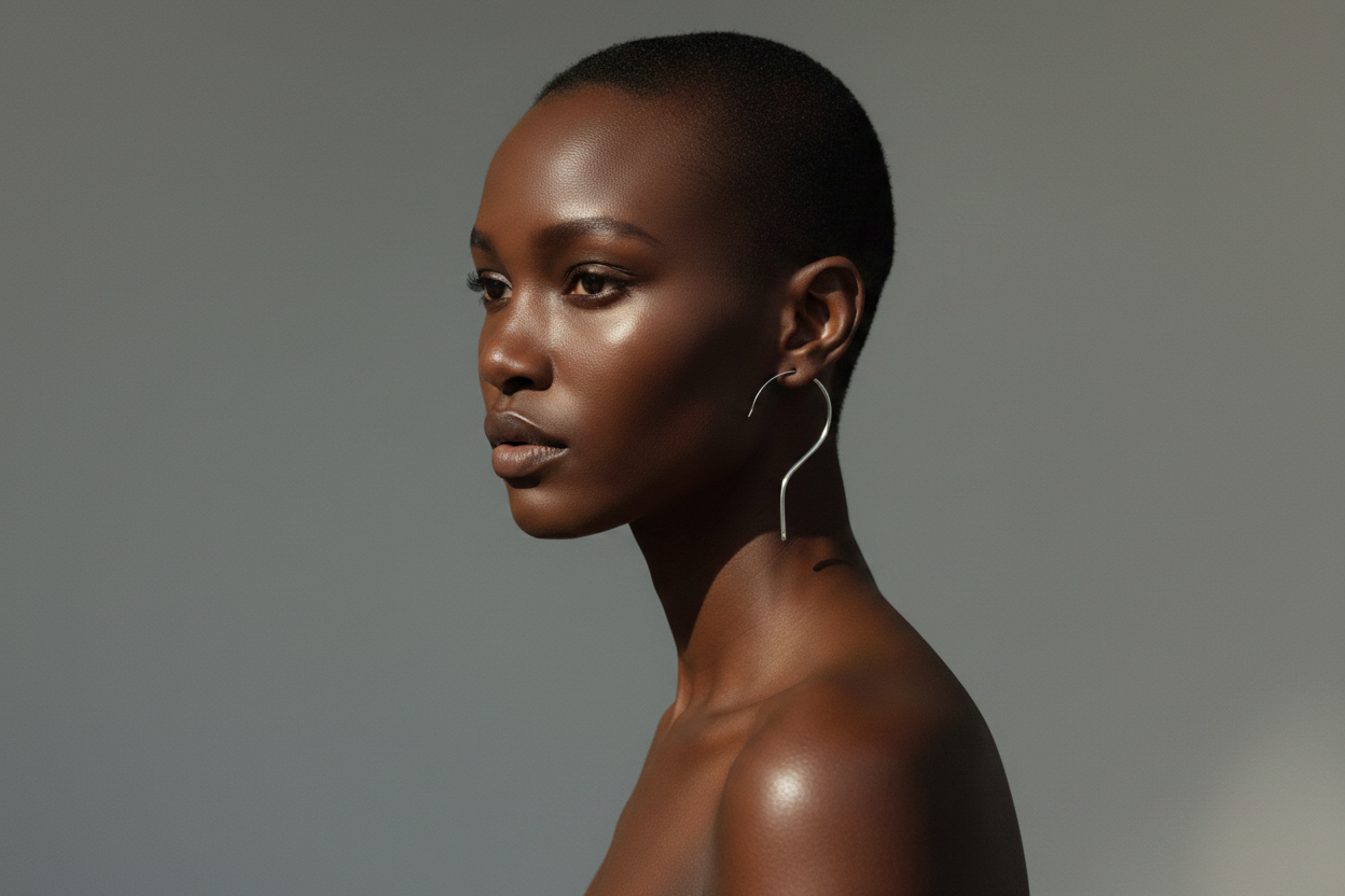 "Model wearing Cunnington & Sanderson sculptural silver hanger earring — handcrafted zero-waste statement jewellery, made in the UK"