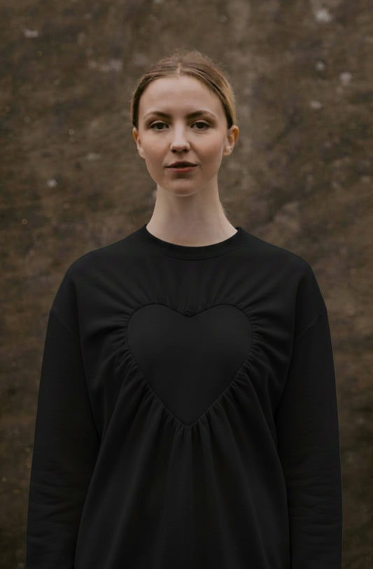 Black premium organic cotton gathered heart sweater by Cunnington & Sanderson UK