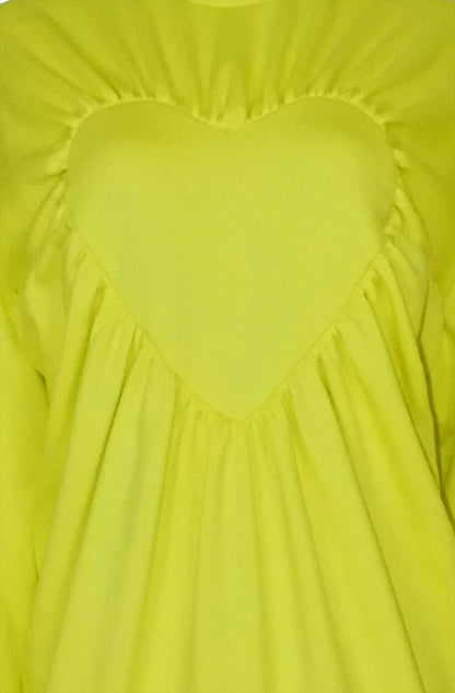 Close-up of organic cotton heart sweater gathered detail, 10% to Mind charity sustainable luxury made in UK