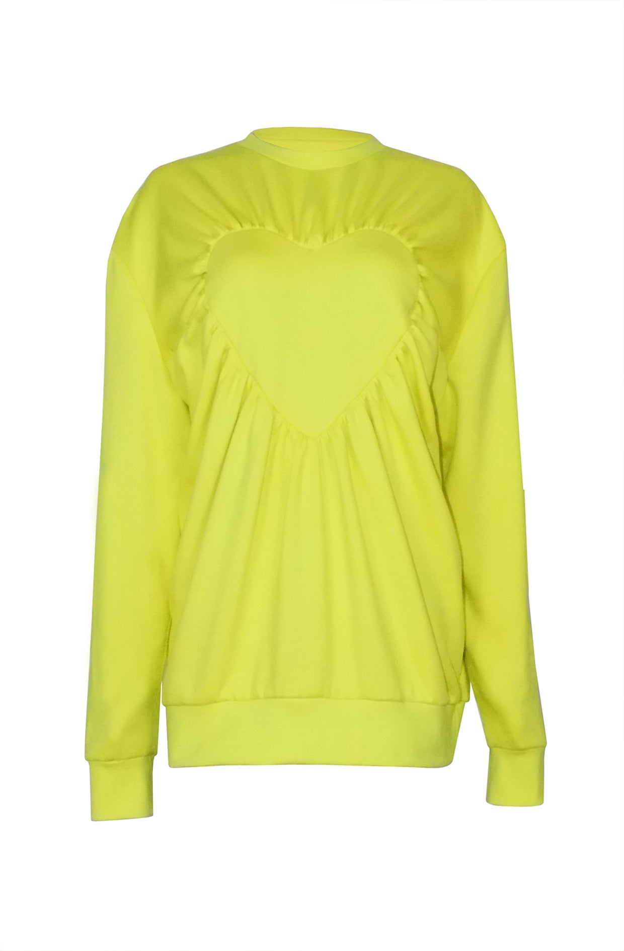 Organic cotton yellow heart sweater with gathered detail, 10% to Mind charity sustainable luxury made-to-order in UK