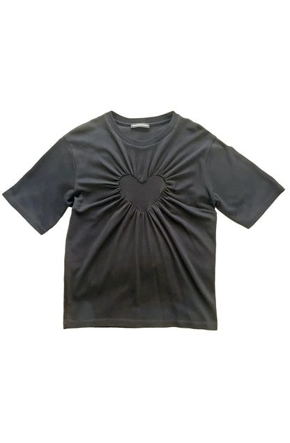 Black organic cotton t-shirt with a gathered heart made in the UK