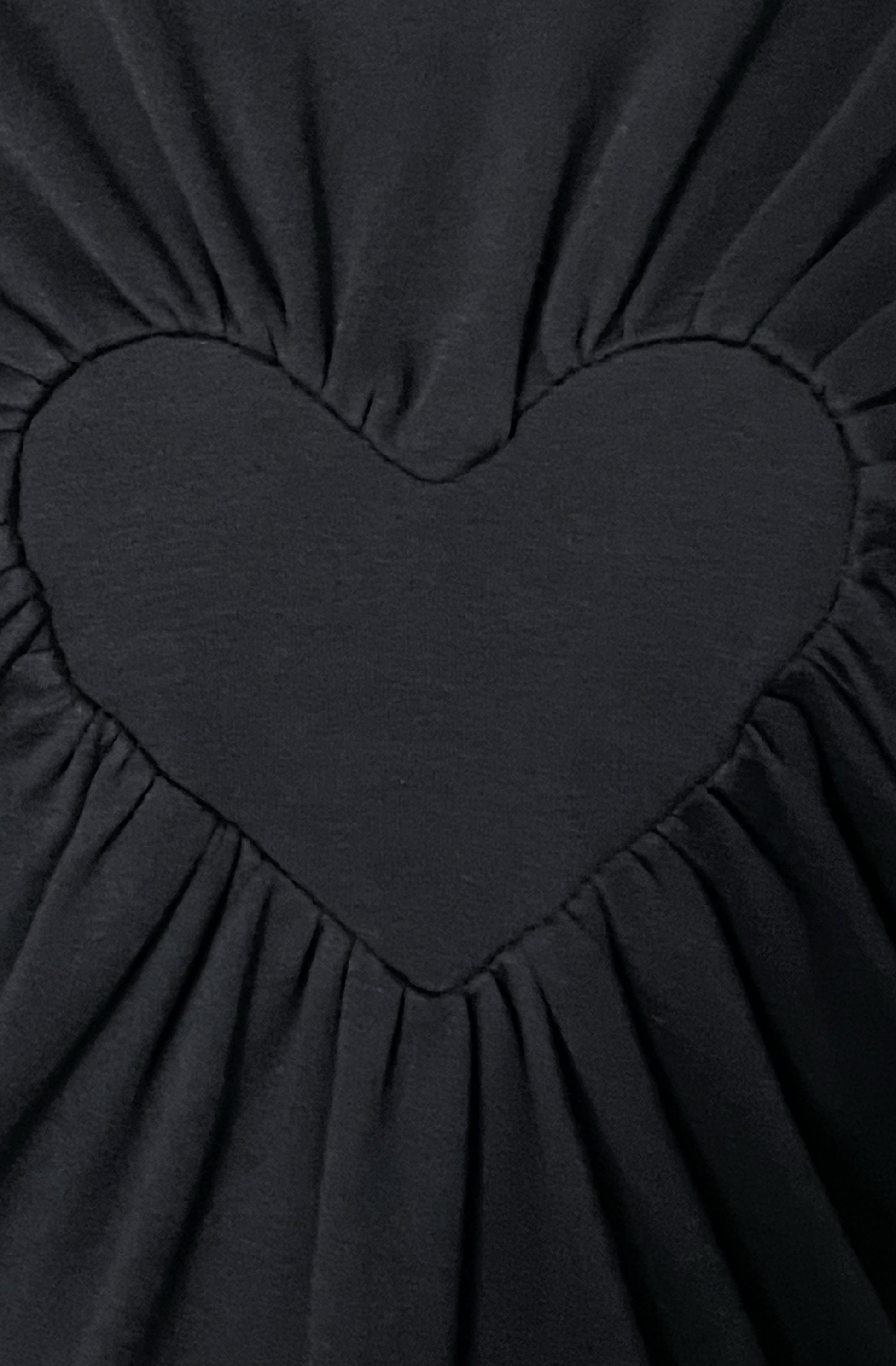 Close up of the black organic cotton heart t-shirt with gathered edges