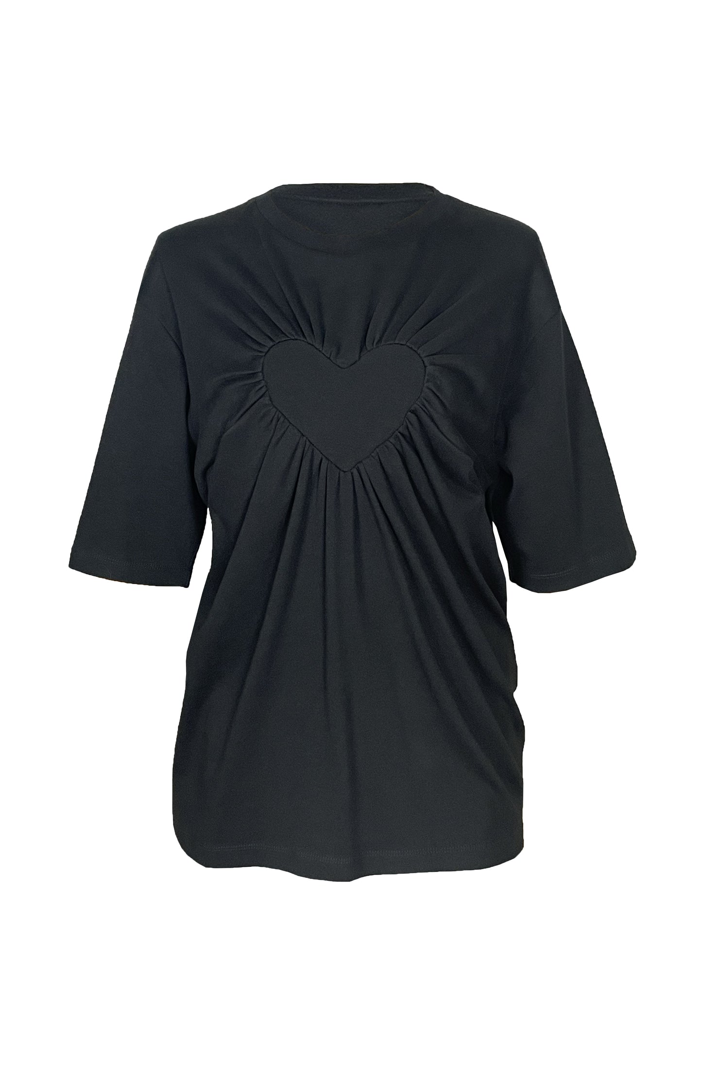 Loving gathered heart t-shirt in black organic cotton purchases support the charity Mind