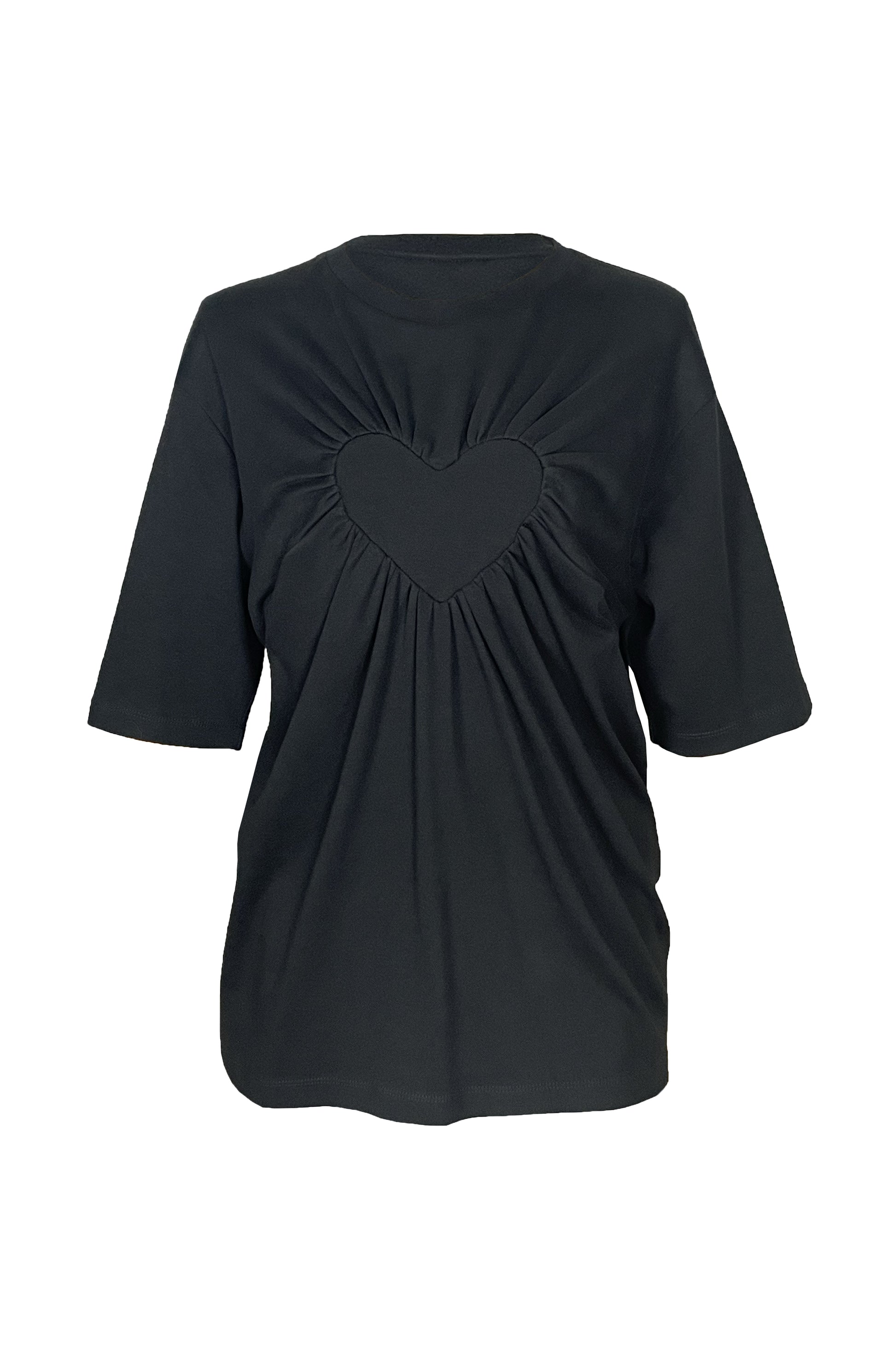 Loving gathered heart t-shirt in black organic cotton purchases support the charity Mind