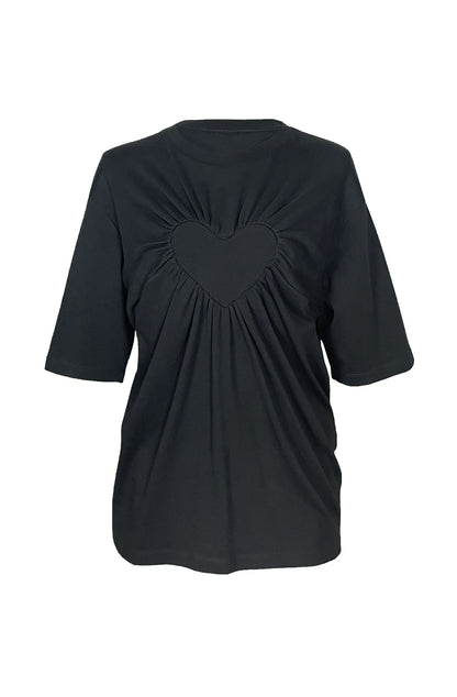 Loving gathered heart t-shirt in black organic cotton purchases support the charity Mind