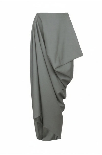 Hidden pocket zero waste drape skirt in grey Yorkshire wool by Cunnington & Sanderson