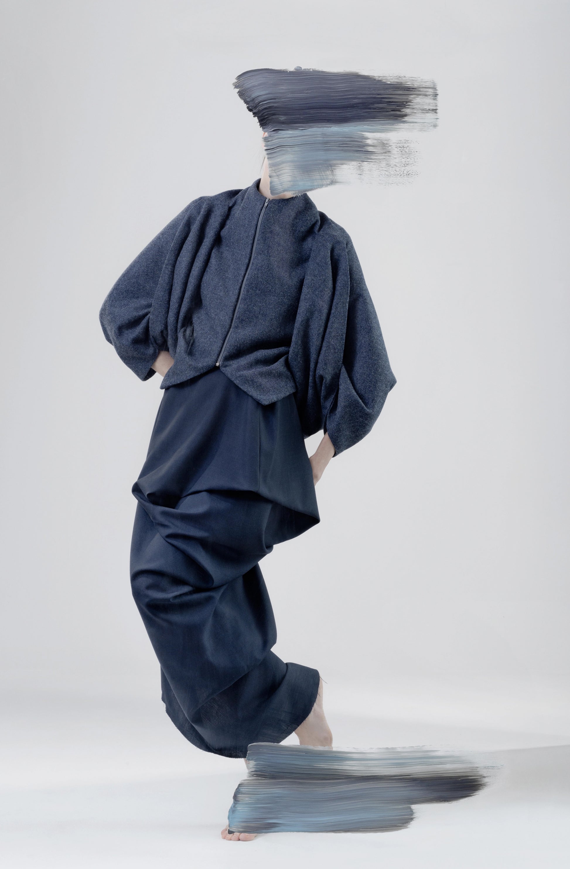 Zero waste hidden pocket navy drape skirt made in UK with locally sourced Clissold Yorkshire wool fabric