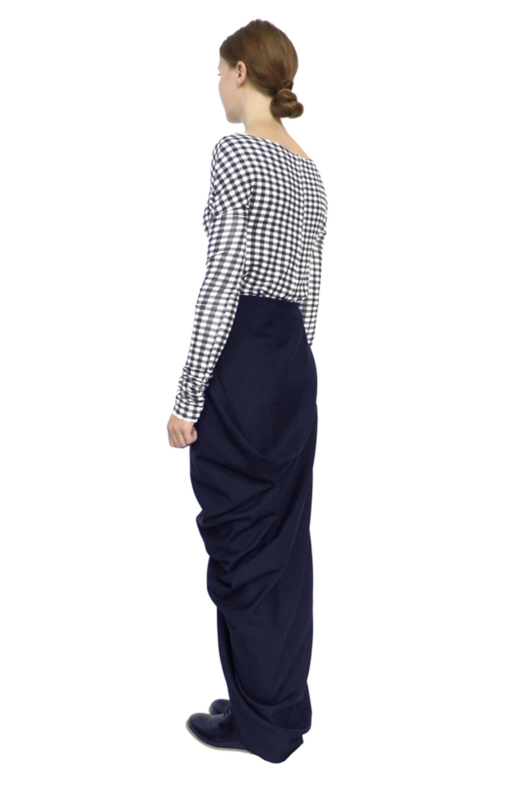 Navy hidden pocket drape skirt made in the UK