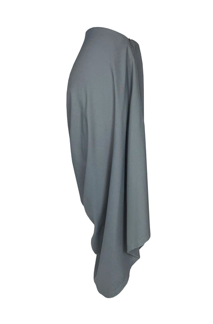 Grey hidden pocket skirt side view showing asymmetric hem, Yorkshire wool sustainable luxury