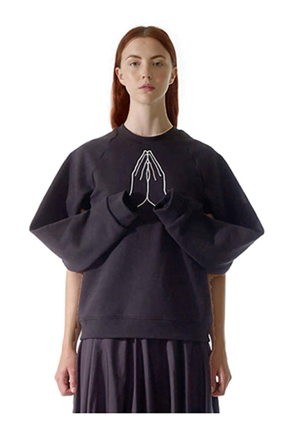 Black hope sweatshirt with draped sleeves, organic cotton sustainable storytelling made-to-order UK