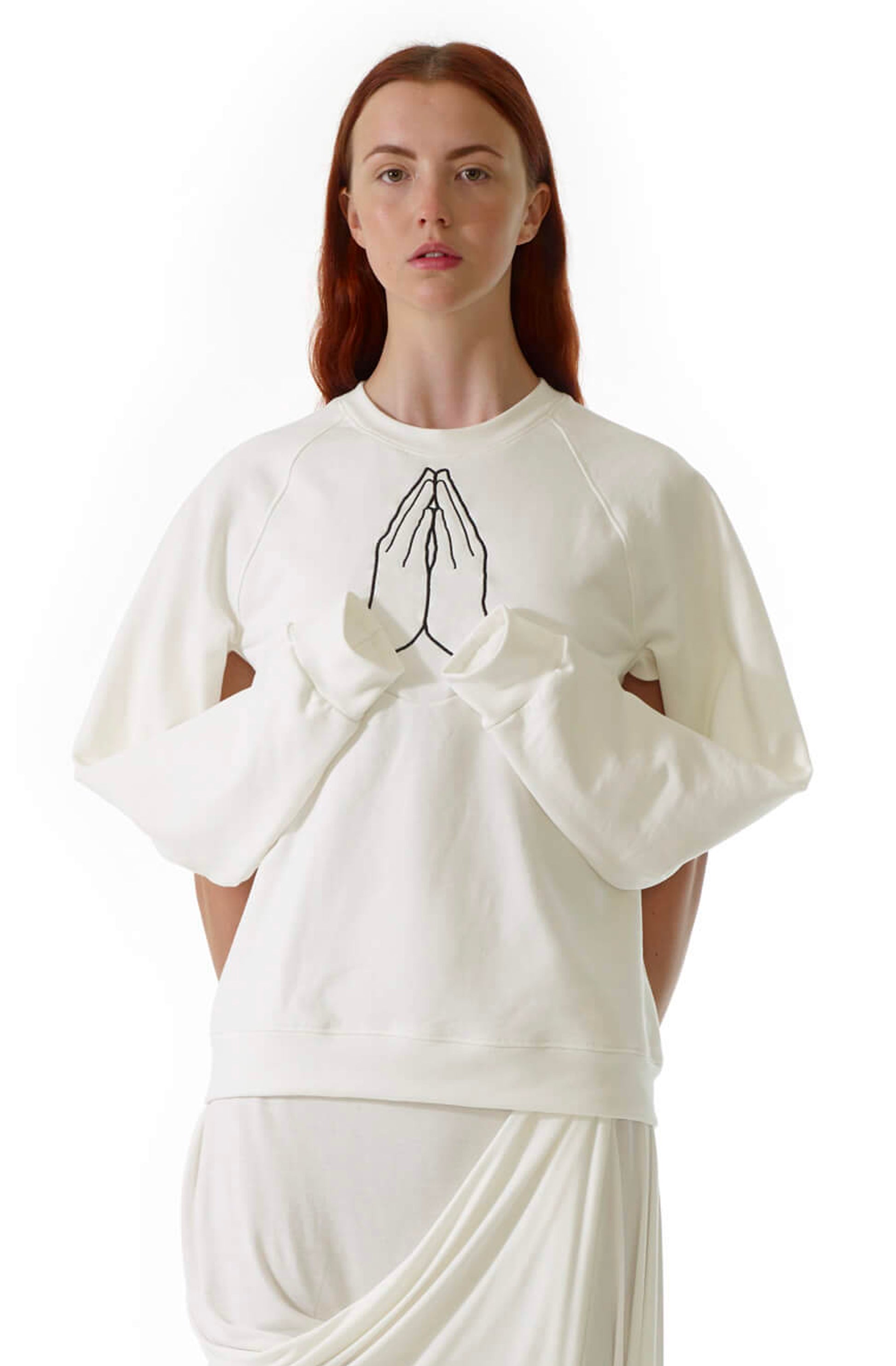 Hope sweatshirt with draped sleeves and embroidered hands, organic cotton artisan luxury UK