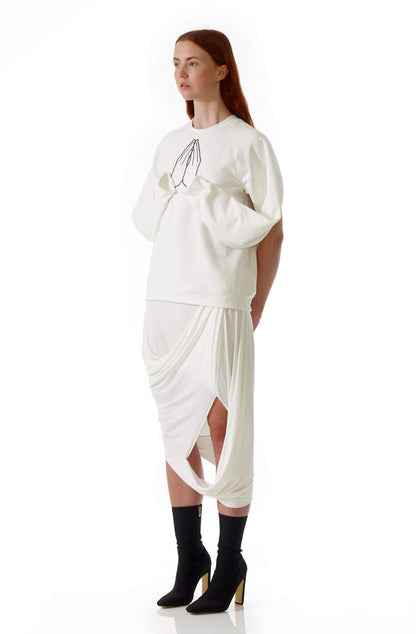 Hope sweatshirt with draped sleeves and embroidered hands, white organic cotton luxury UK