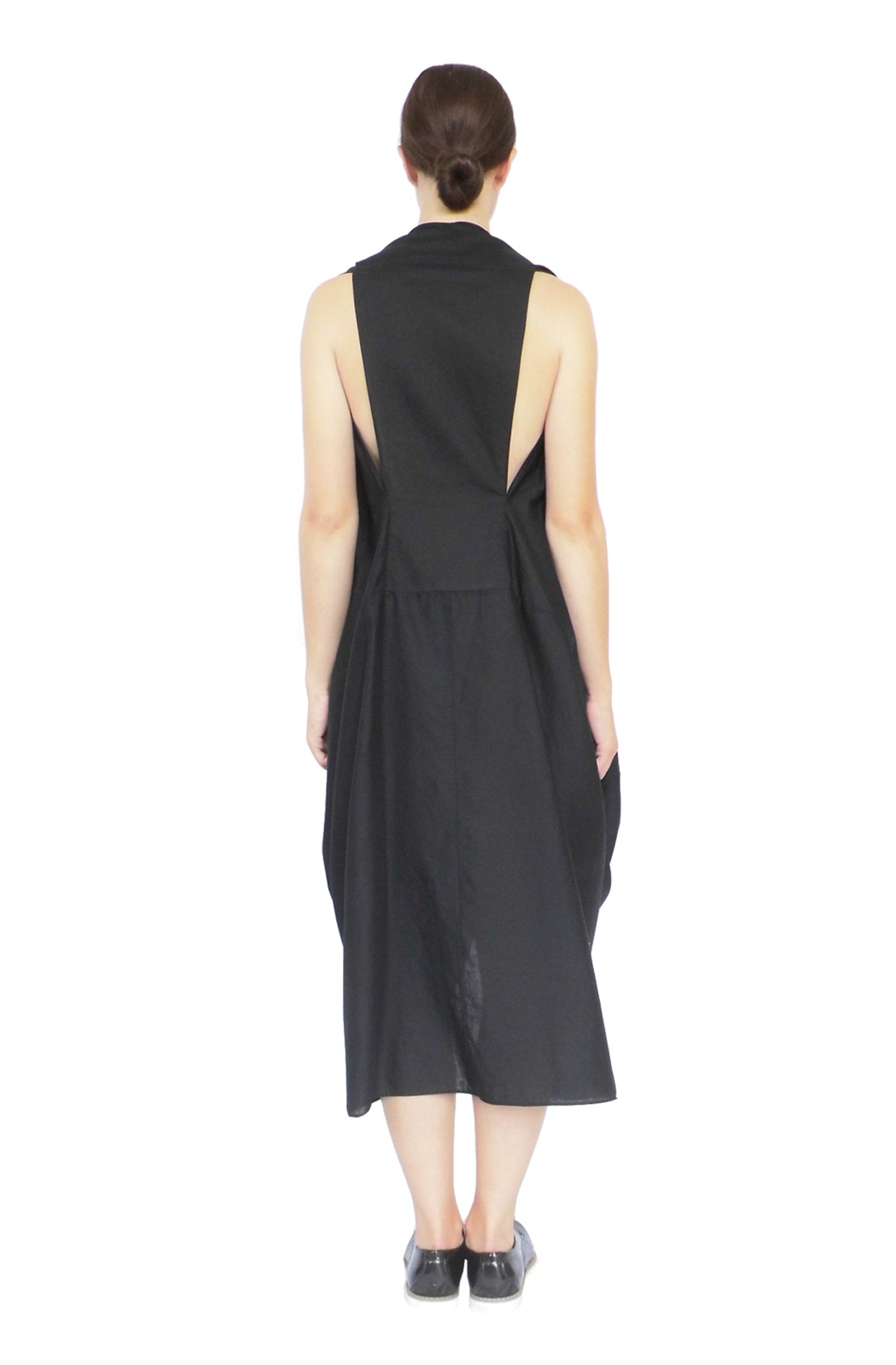 Zero-waste black cotton knotted dress with cut-away back and good luck knot, sustainable luxury made-to-order in UK
