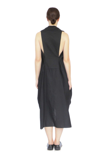 Zero-waste black cotton knotted dress with cut-away back and good luck knot, sustainable luxury made-to-order in UK