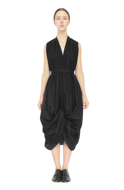 Zero-waste black cotton knotted dress with good luck knot draping, sustainable luxury made-to-order in UK