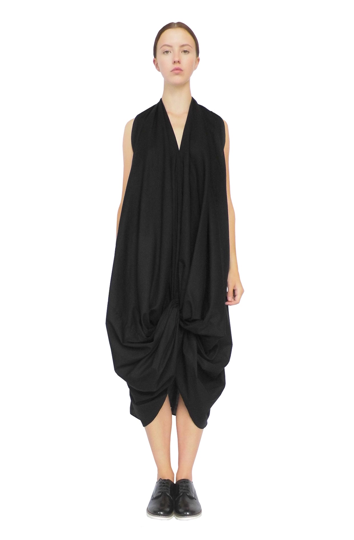Knotted dress black deadstock cotton avantagrde style made in UK by Cunnington & Sanderson