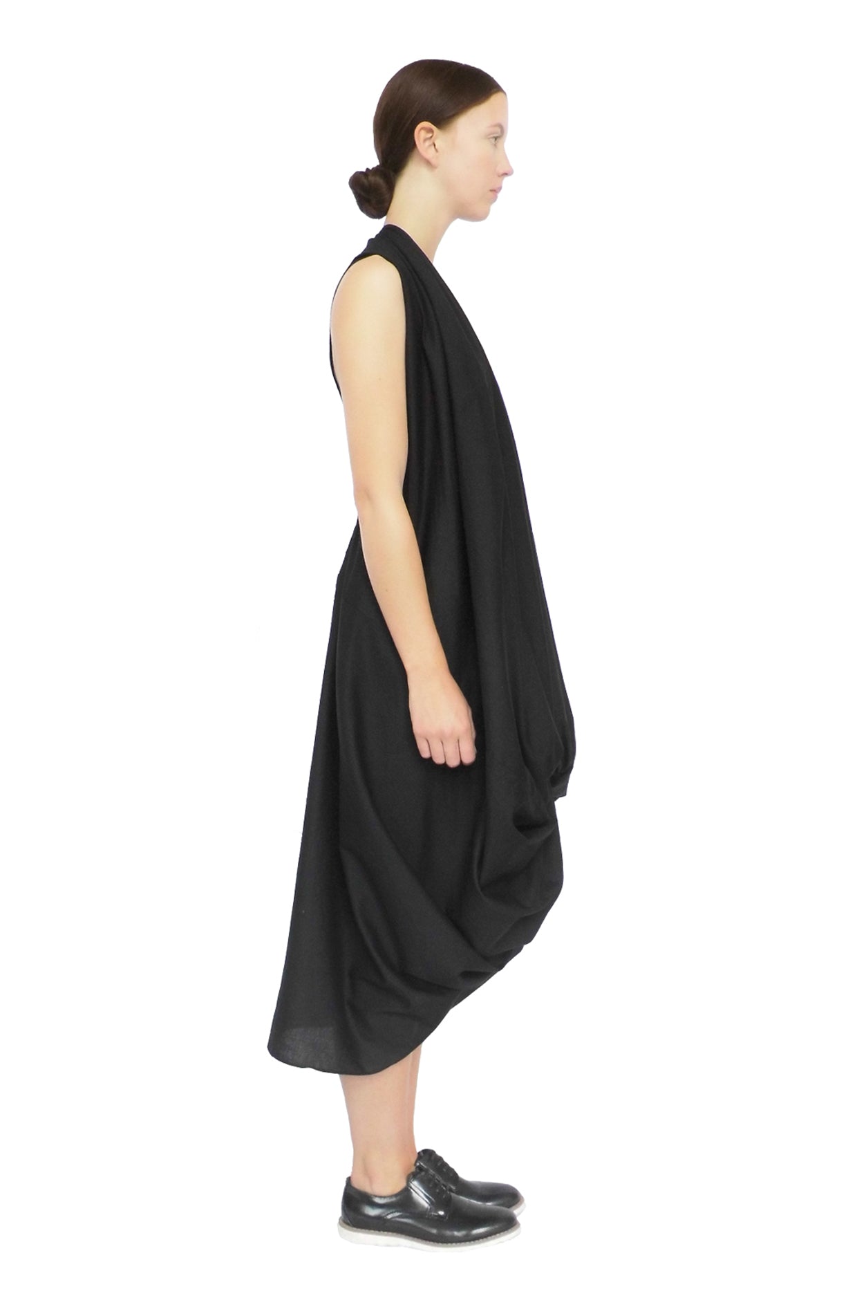 Zero-waste black cotton knotted dress with good luck knot draping, sustainable luxury made-to-order in UK