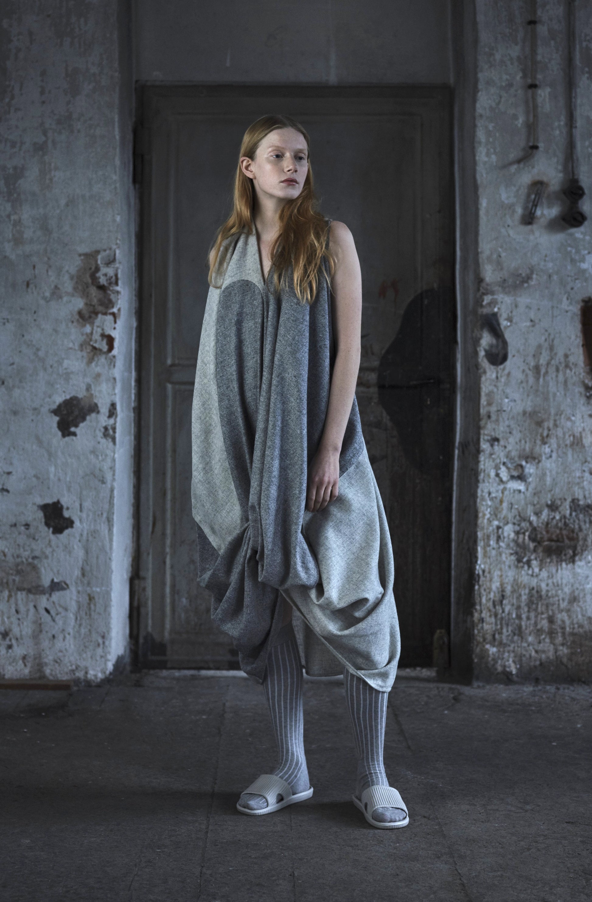 Zero-waste knotted drape dress locally sourced wool made in the UK by Cunnington & Sanderson