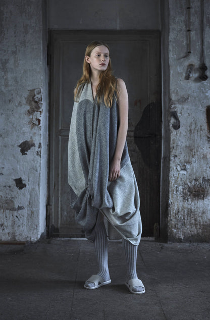 Zero-waste knotted drape dress locally sourced wool made in the UK by Cunnington & Sanderson